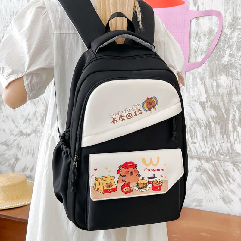 Capybara Cartoon Pattern Nylon Backpack With Striped Stitching For Travel School