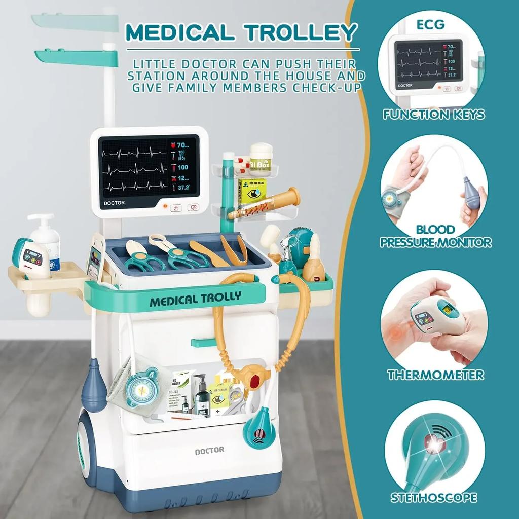 Non-Toxic Doctor Kit Toy Pretend Play Doctor Nurse Hospital Games Toddlers Medical Cart Kit With Sounds 3-5 Year Old Toddler Toy For Kids