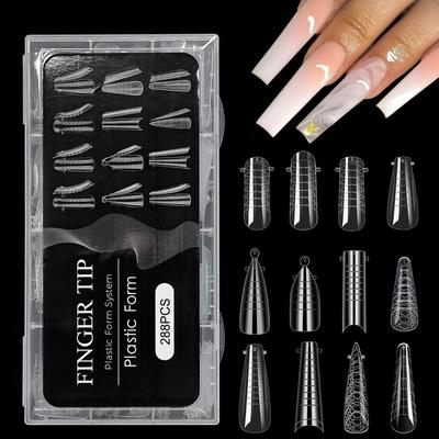Nail Art Crystal Extension Nail Mold Mixed 12 Types, Paper-Free Holder Finger Extension Crystal Nail Film, Transparent Nail Film 288Pcs