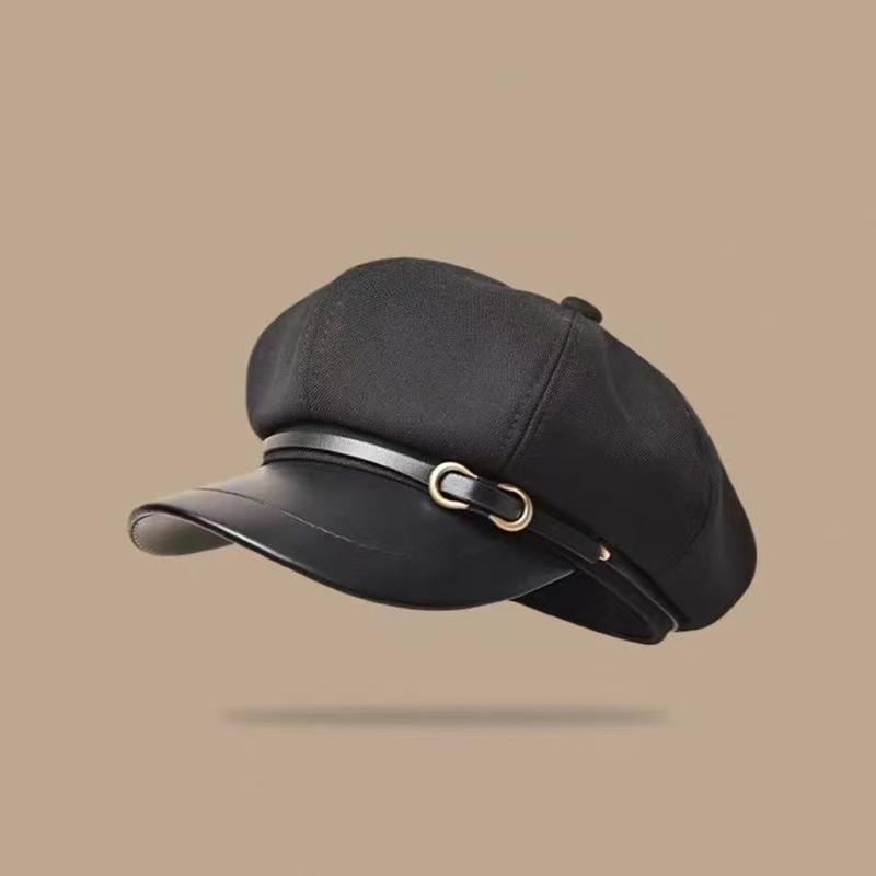 1PC Peak Cap Vintage Belt Buckle Design Gift Accessories Versatile Beret Cool Leather Brim Fashion Octagonal Hat Warmth 58-60cm