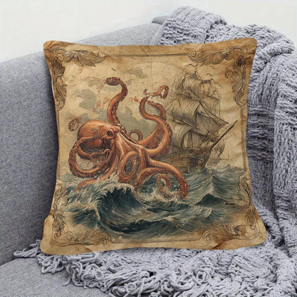 1Pc Octopus Kraken Attack Ship Pillow Cover, 18X18 Inch, Short Plush Decorative Cushion Case, Single-Sided Printing, Vintage Nau