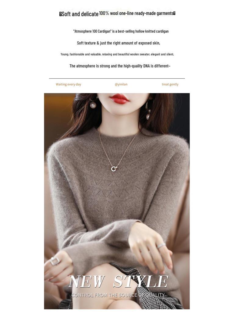 Women's Slim Cashmere Wool Sweater: Autumn/Winter Half-High Collar, Thick Seamless Knit Trend