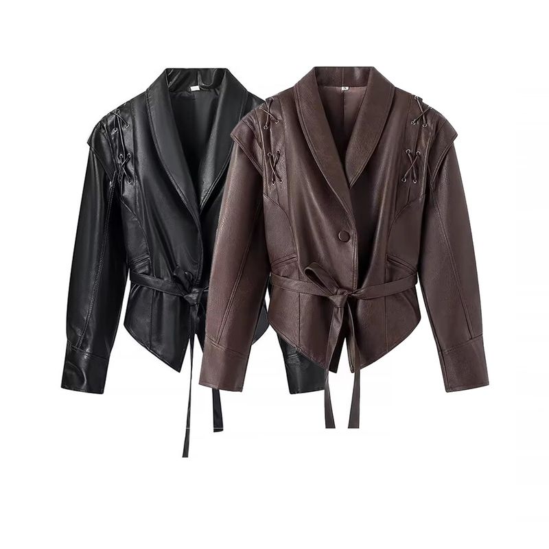 Kaslead New Arrival Women's Clothing Fashion Style Fashion Casual Easiest for Match Coffee Brown Leather Coat