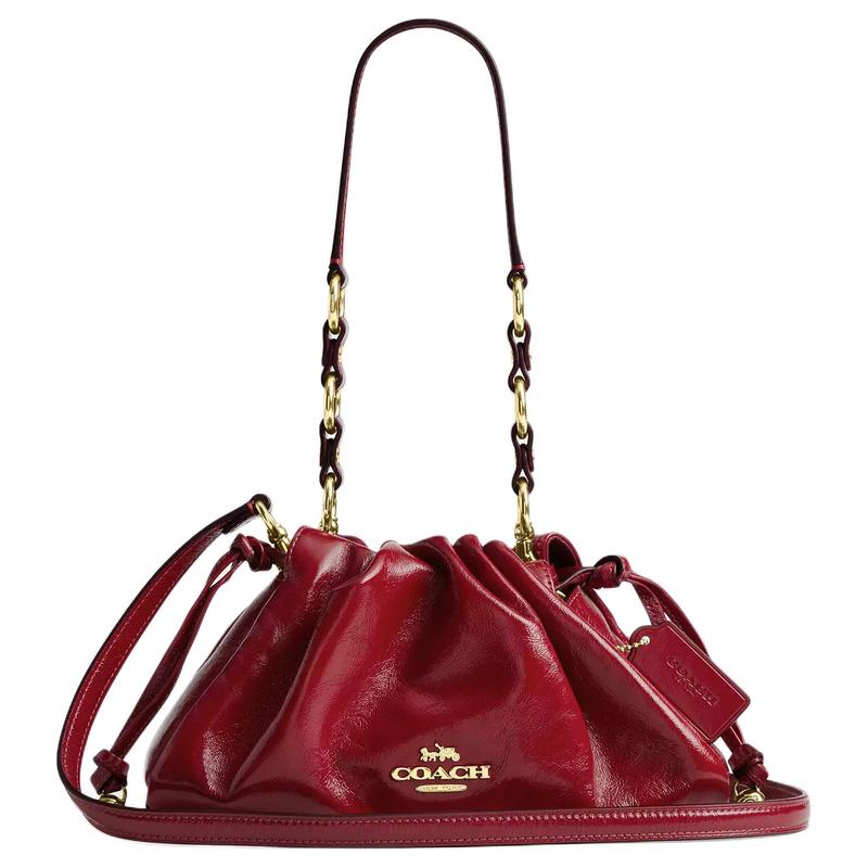 

COACH Faye 26 Gold Hardware Wrinkled Leather Cloud Bag Shoulder Bag Medium Women s Dark Red золотий