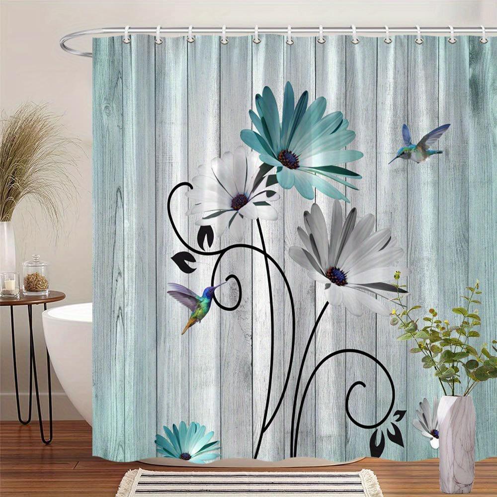 1 Hummingbird Floral Shower Curtain-Vivid white and light blue flowers with black swirling vines, 70x70 inches, polyester fabric