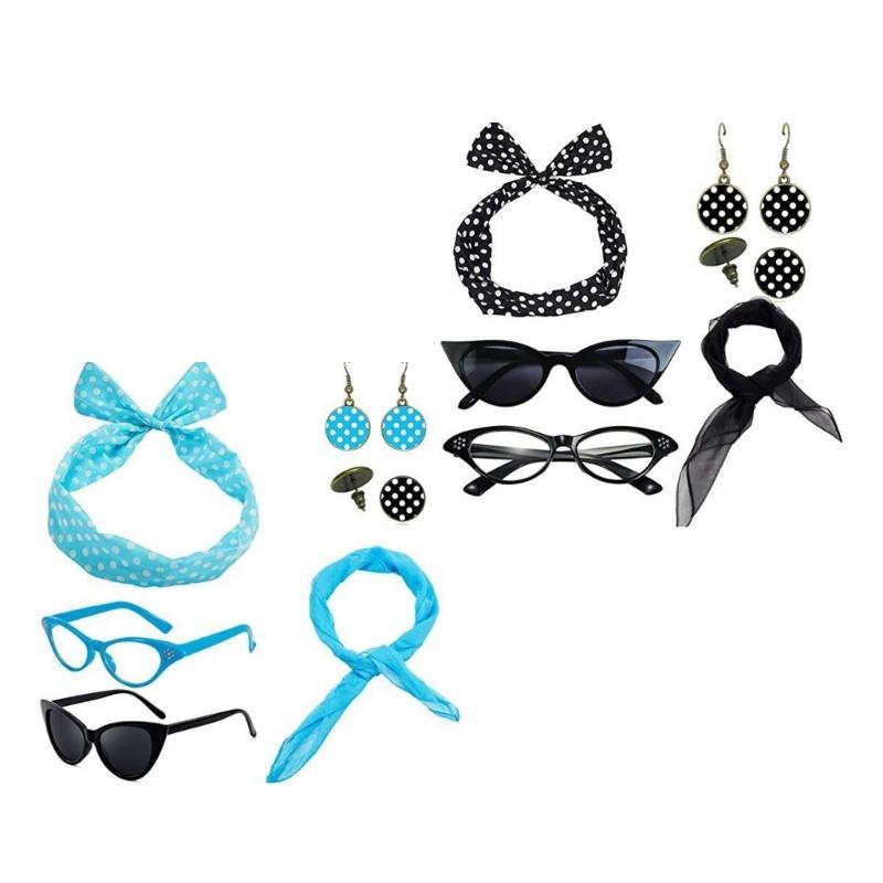 1950's Womens Costume Accessories 50s Scarf Cats Eye Glasses Bandana Tie Polkas Dot Headband Drop Earrings for Halloween