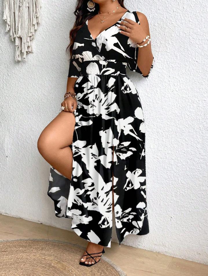 

European and American thigh slit design tropical printing pattern new long off-the-shoulder large-size dress women D 5XL