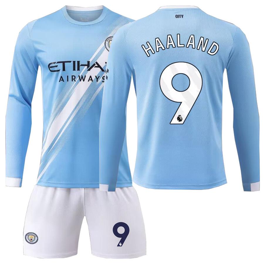 Set Maglia a Maniche Lunghe da Casa per Bambini del Manchester City: Haaland #9, Foden #47, Mahrez #7.
