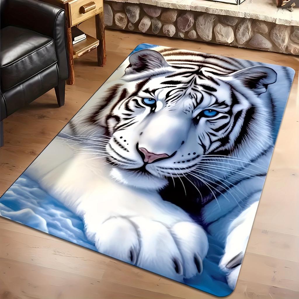 White Tiger Design Round Area Rug, Non Slip Floor Mat for Living Room Bedroom Hotel and Home Office, Machine Washable Decor