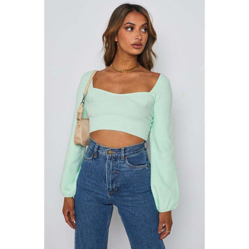 Stylish Retro off-Shoulder Square Collar Slimming Slimming Puff Sleeve Long Sleeves Pullover Knitwear Open Back Sexy Sweater Women