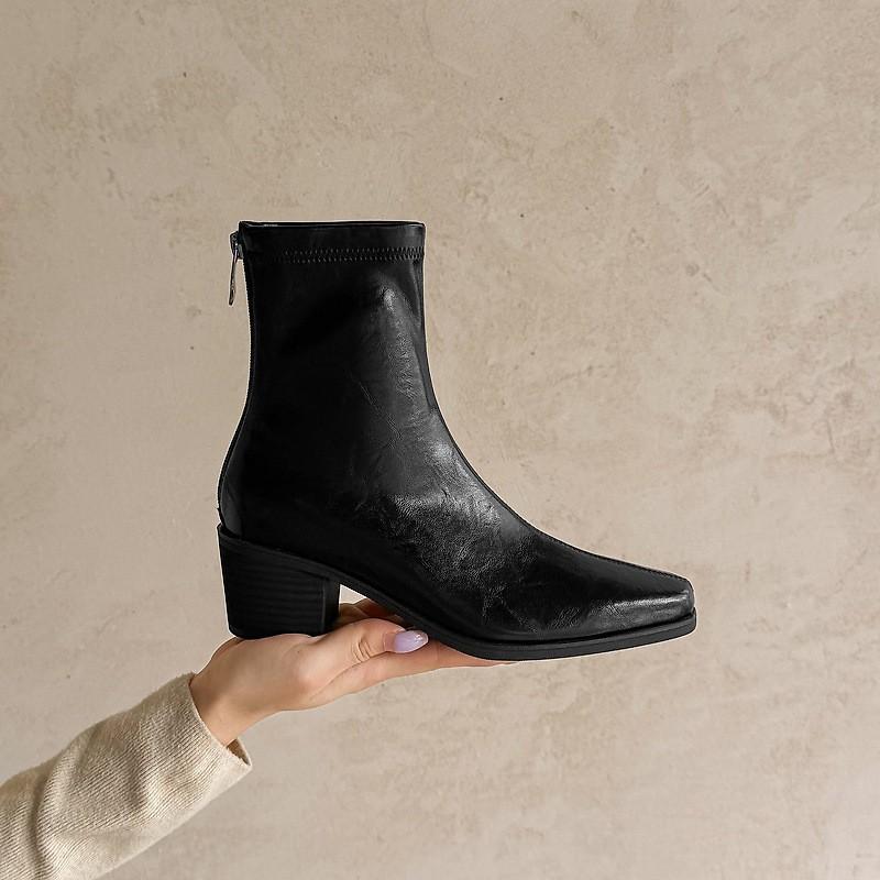 5.5cm Chunky Heel Ankle Boots Women Square Toe Back Zip Stretch Slim Fit Fall Winter