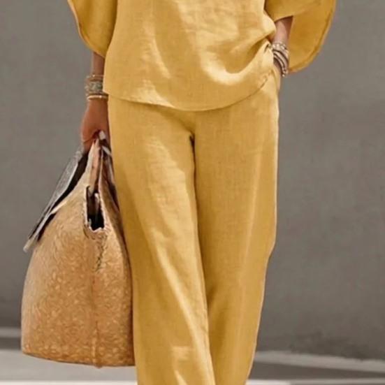 Women's Batwing Sleeve Linen Two-Piece Set Casual Shirt And Wide Leg Pants Outfit Summer Vacation Lounge Sets
