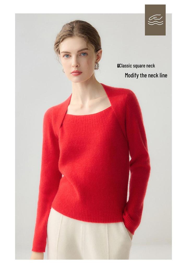 Lekasha Women's 100% Pure Cashmere Square Neck Slim-Fit Pullover