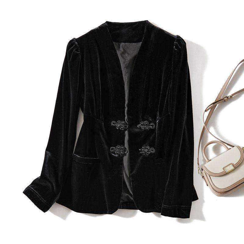 

Изысканный и Непобедимый! Сухой Женский Настоящий Бархат Пряжка со Стразами V-образный вырез Длинный рукав Маленький Костюм Верхняя одежда 2023 Осень и Зима Black L