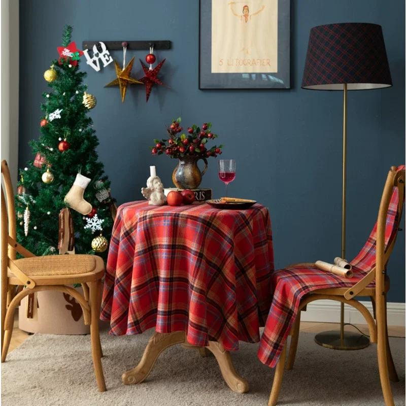 Ins Nordic Christmas Red and White Plaid Tablecloth Cotton and Linen Round Party Decoration Hotel Restaurant Placemat Reusable