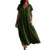 Women's Fashionable Color Cotton And Linen Round Neck Short Sleeved Pocket Casual Loose Beach Vacation Dress