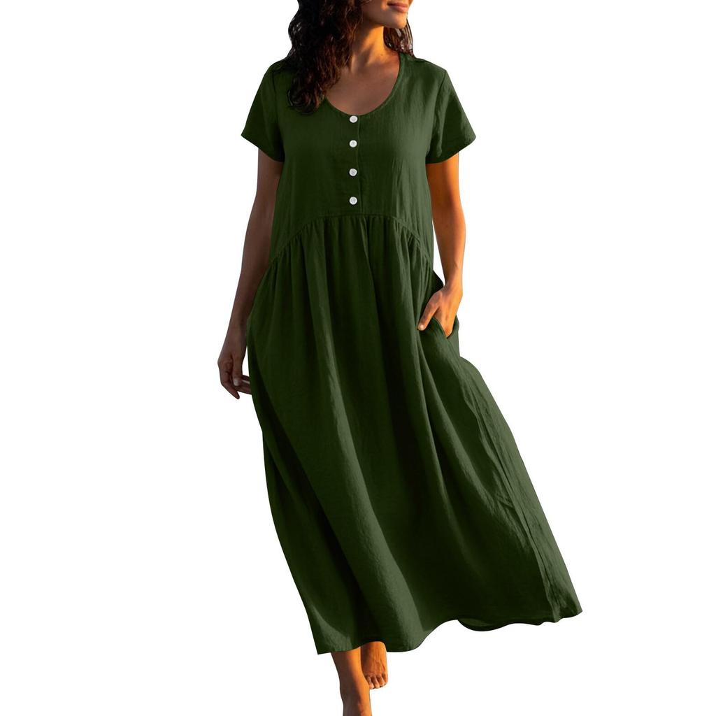 Women's Fashionable Color Cotton And Linen Round Neck Short Sleeved Pocket Casual Loose Beach Vacation Dress