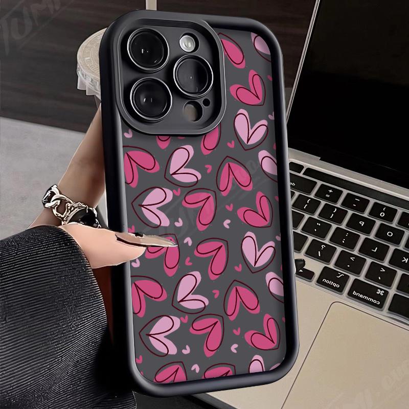Pink heart pattern design Phone case iPhone 15 Pro Max 11 12 13 16 14 Plus Silicone Shockproof Case Lens protector shell