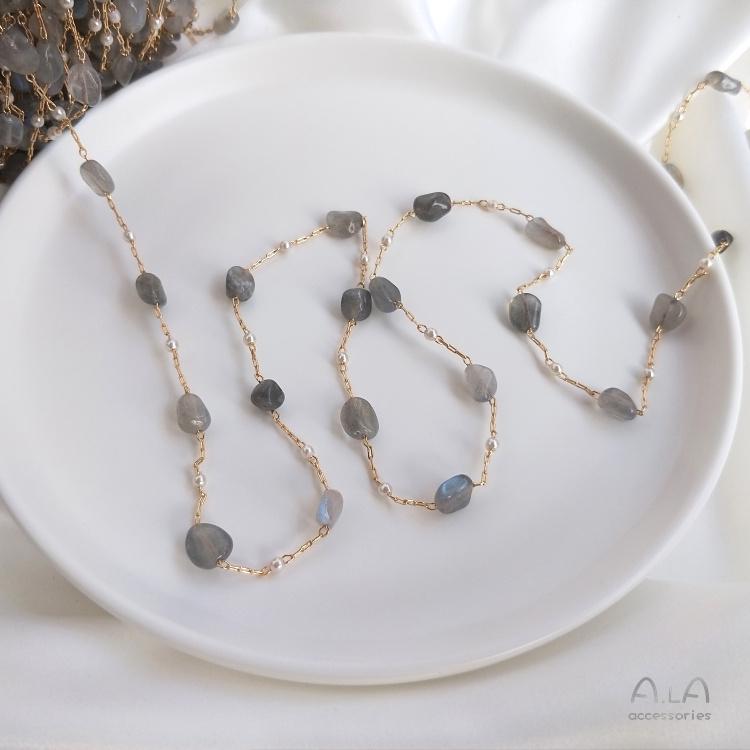 14K Gold-filled Color-preserving Handmade Korean Chain with Strawberry Quartz, Labradorite, and Amethyst Rectangular Beads for DIY Bracelets