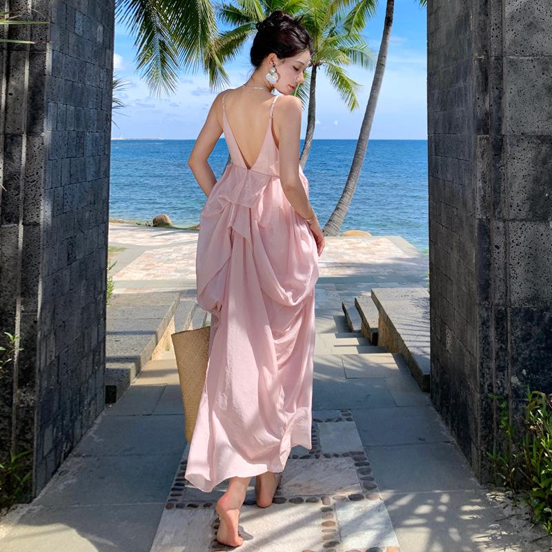 Pink French Backless Camisole Dress - Elegant Beach-Ready Evening Gown for Women