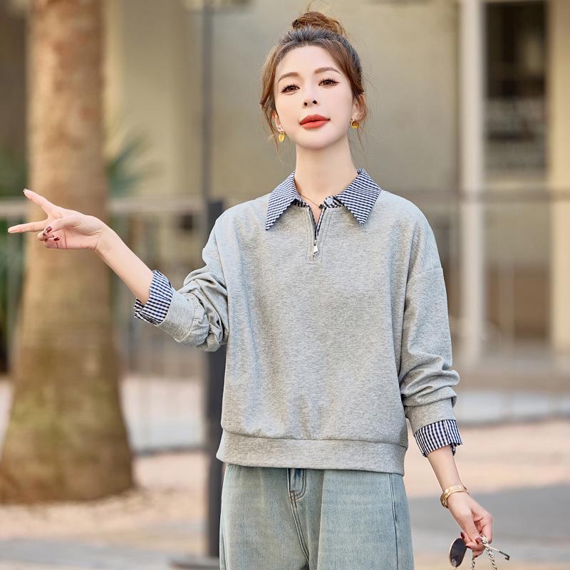 

Spring 2025 Korean-Style Plaid Two-Piece Look Turn-Down Collar Women s Jacket Sweatshirt XL (62.5-70 kg) серый