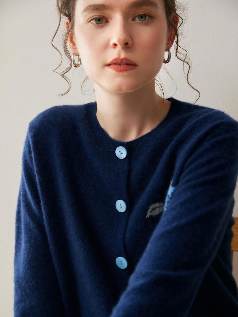 Embroidered Cashmere Cardigan - Women's Loose Fit Round Neck Knit Sweater
