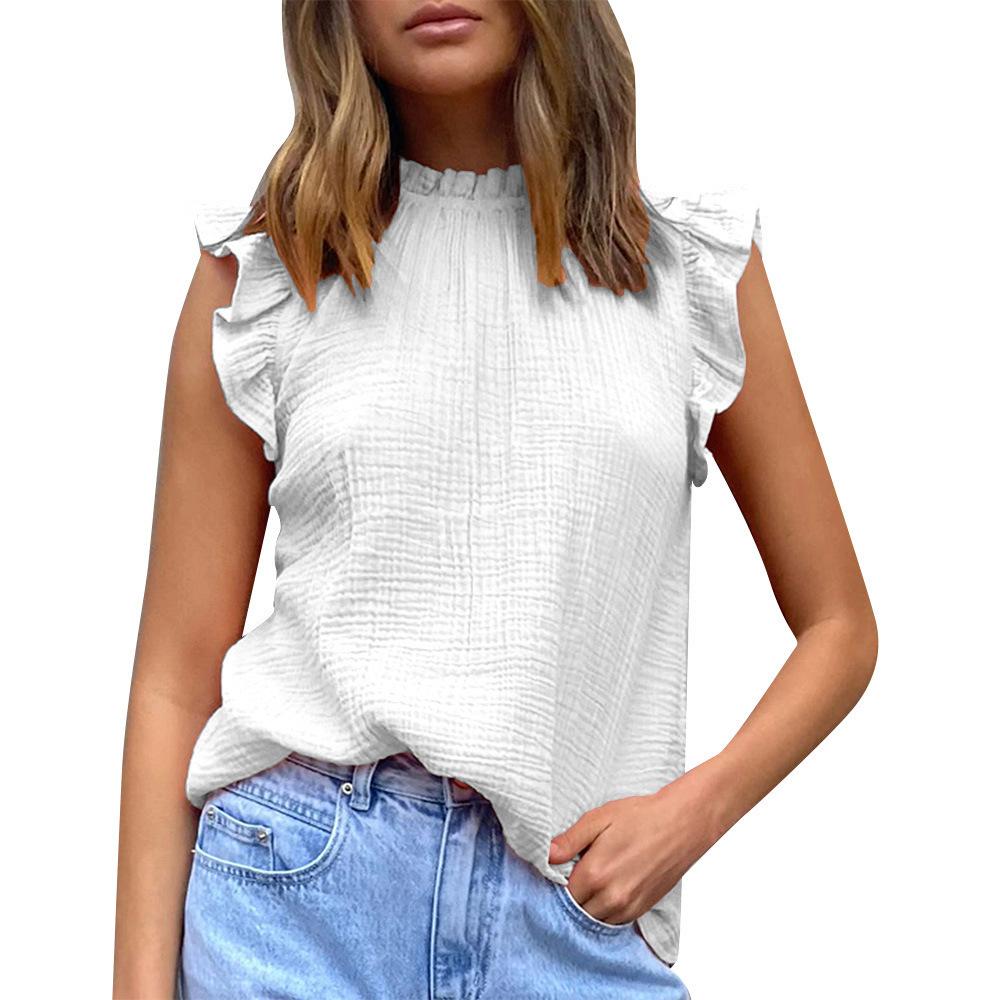 Women's Summer Pleated Solid Color Ruffled Sleeveless T-shirt Top