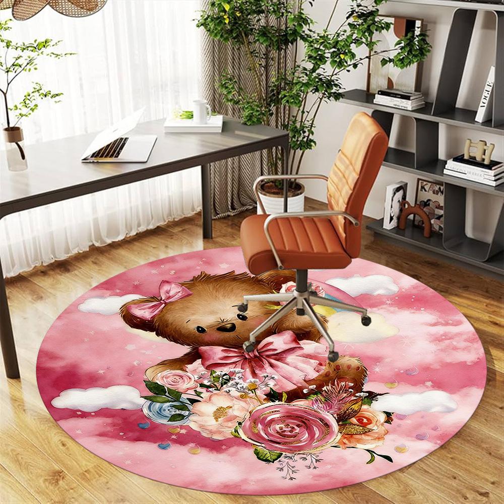 1pc Bear Flowers Round Chair mat office Area Rug - Non-Slip, Floor Mat for Office, Bedroom, and Indoor Decor p127297