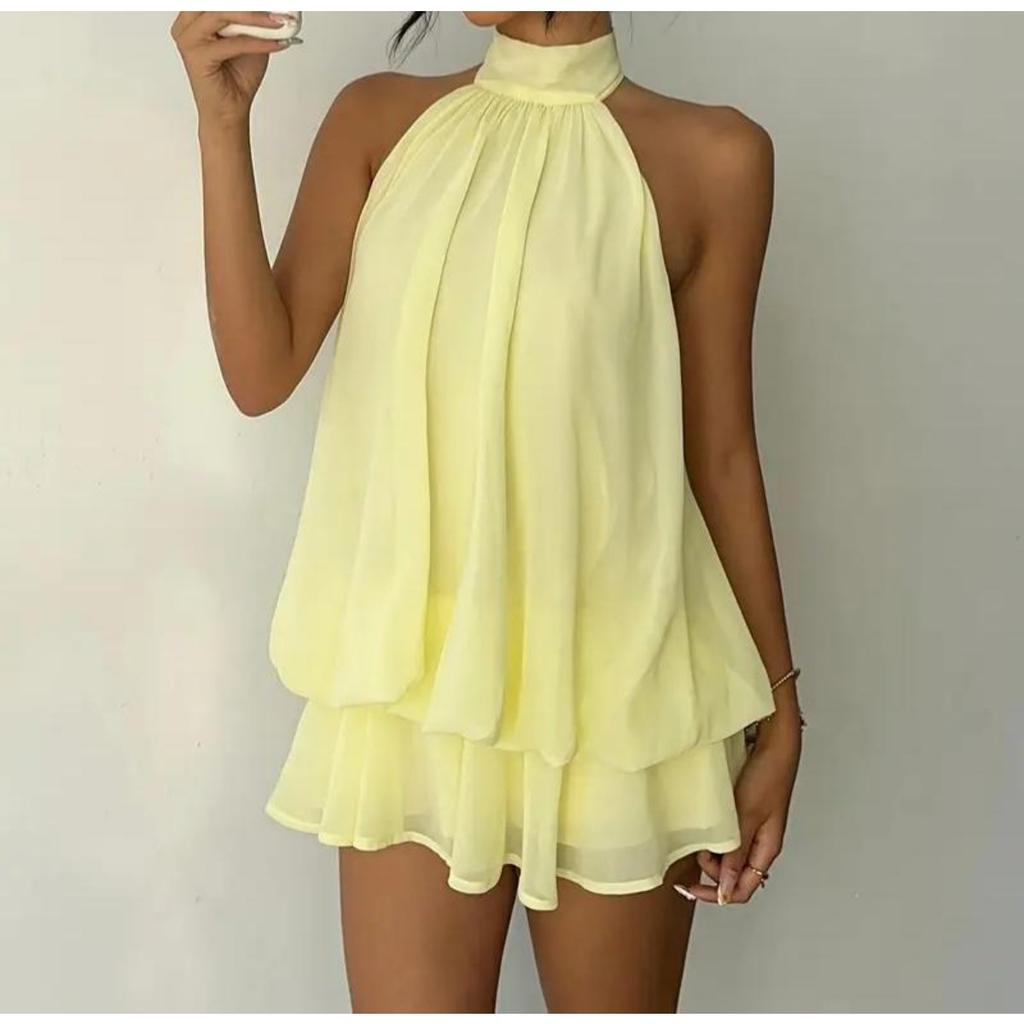 Mini Abito da Donna Scollo all'Americana Senza Maniche Slim Monocolore Dolce Vacanza Stratificato Chiffon Festa Abito da Sole