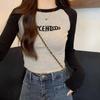 American style color-blocked raglan sleeves, right shoulder short T-shirt, women's autumn and winter new slim fit letter long-sleeved top