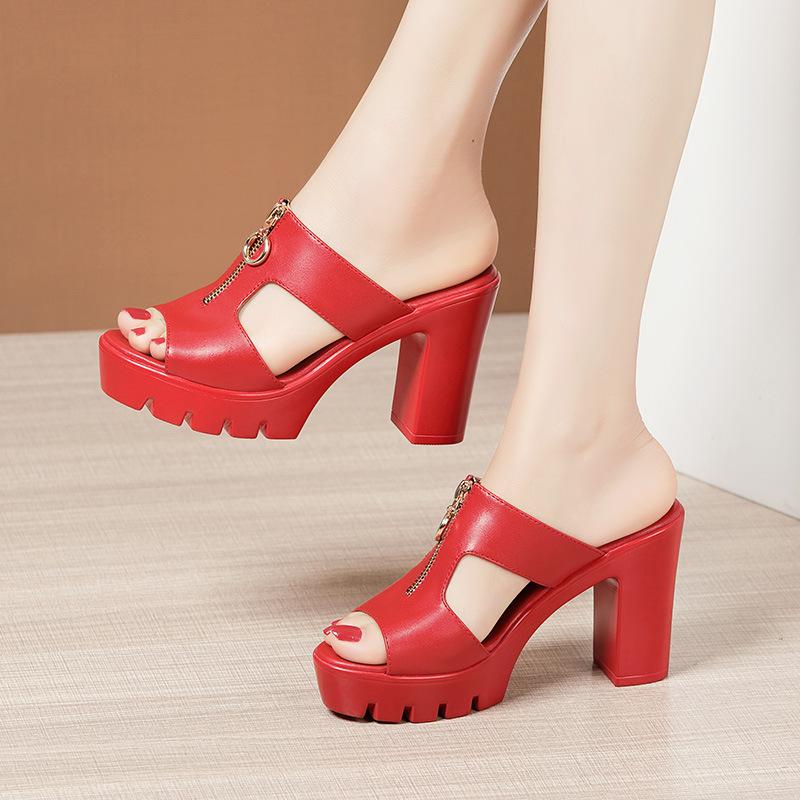 Mode Damesschoenen Echt Leer Slippers Dames Sandalen Dames Kantoor Hoge Hakken Casual Set Voet Rits Hoge Hak Sandalen