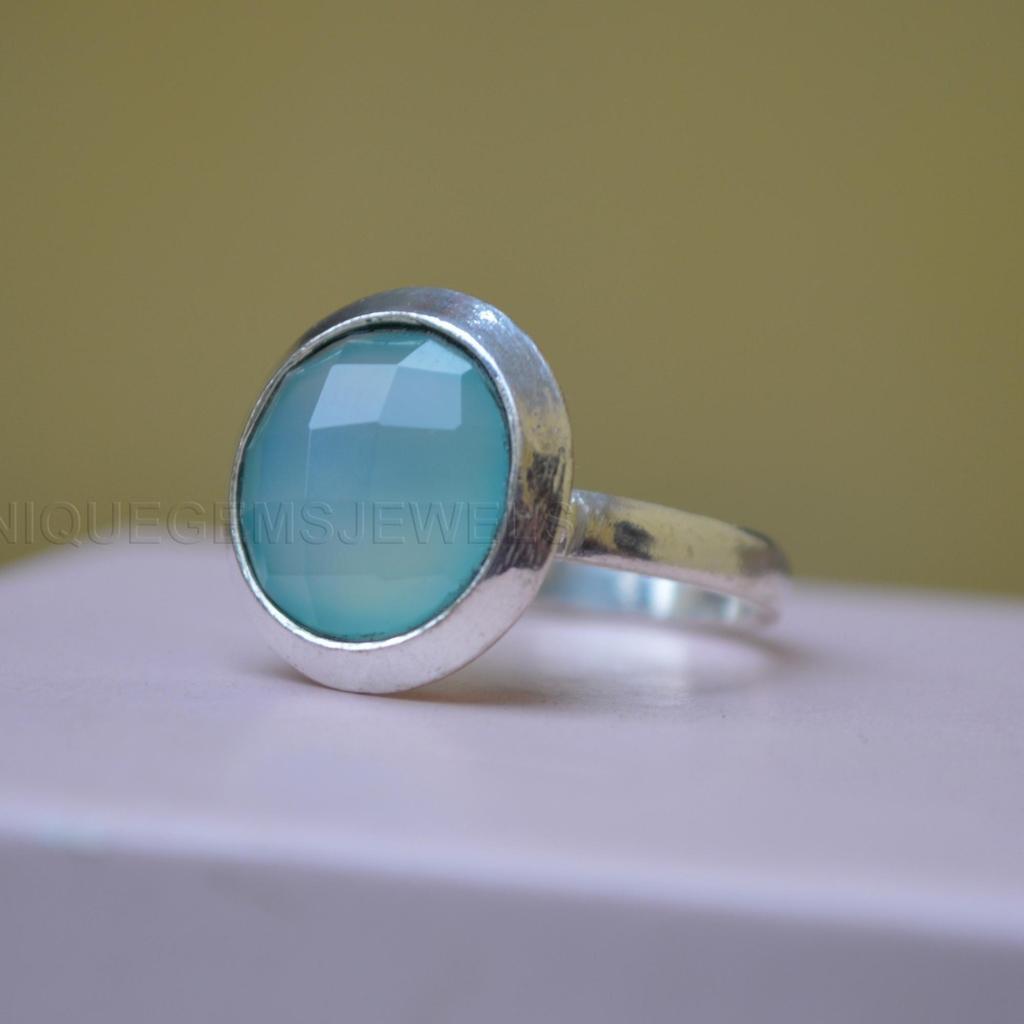 Rose Cut Round Sea Foam Green Chrysoprase 925 Sterling Silver Ring Jewelry, Handmade Gift Statement Ring