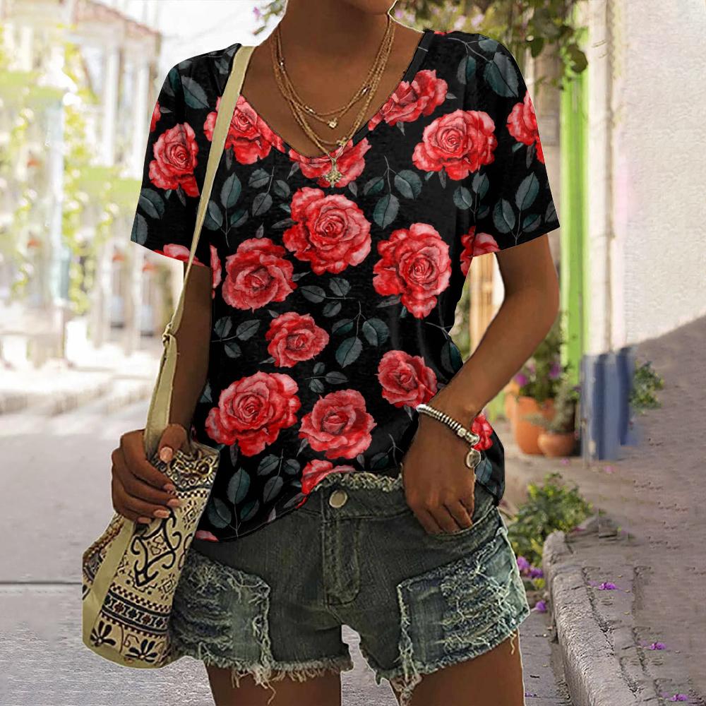 Summer Flower Rose 3D Print T-shirt Women Streetwear Casual T Shirts Y2k Tops Woman Harajuku V-Neck Tees Oversized Clothing