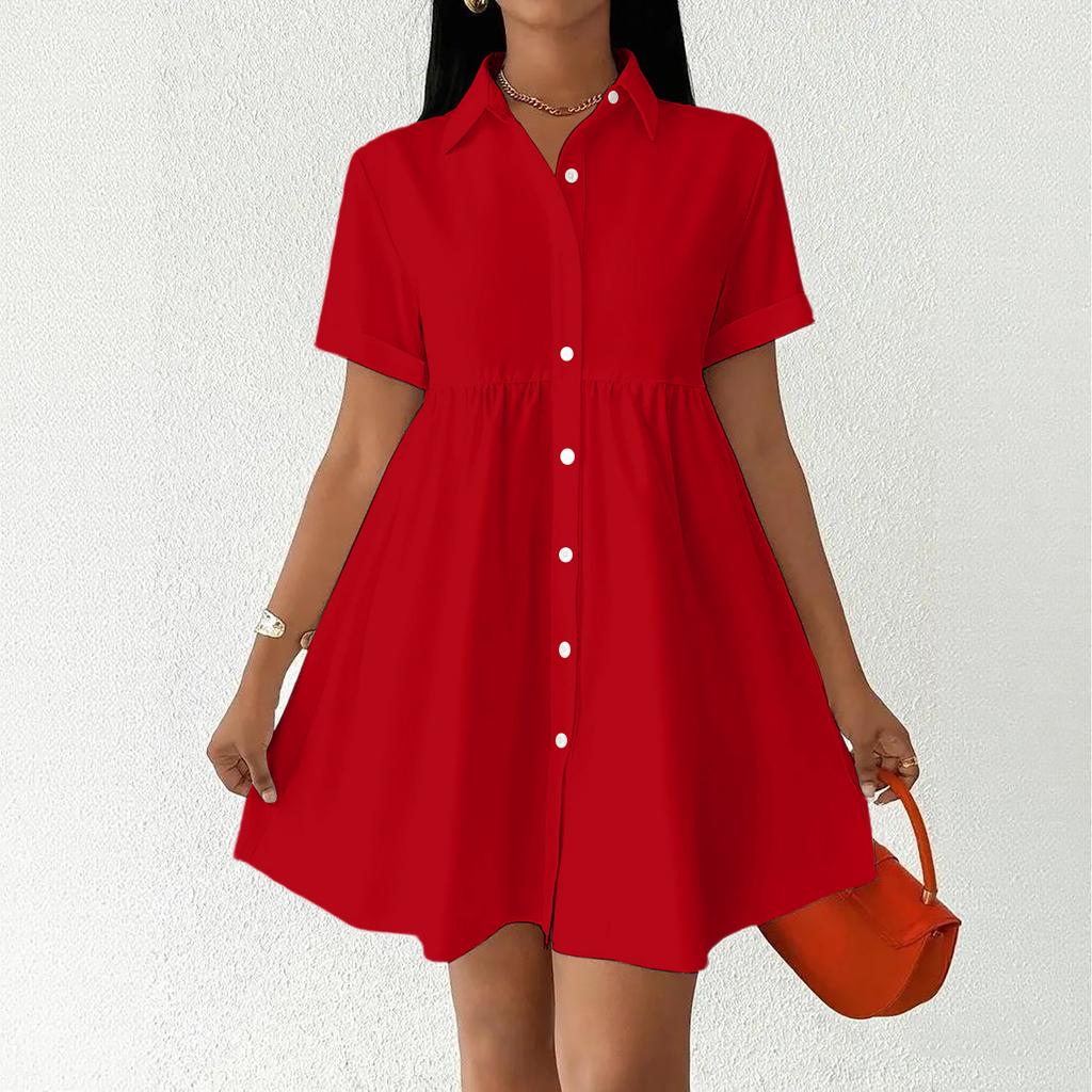 Women Short Sleeve Shirt Dress Button Down Collared Loose Fit Casual Mini Dress with Pockets Summer Style