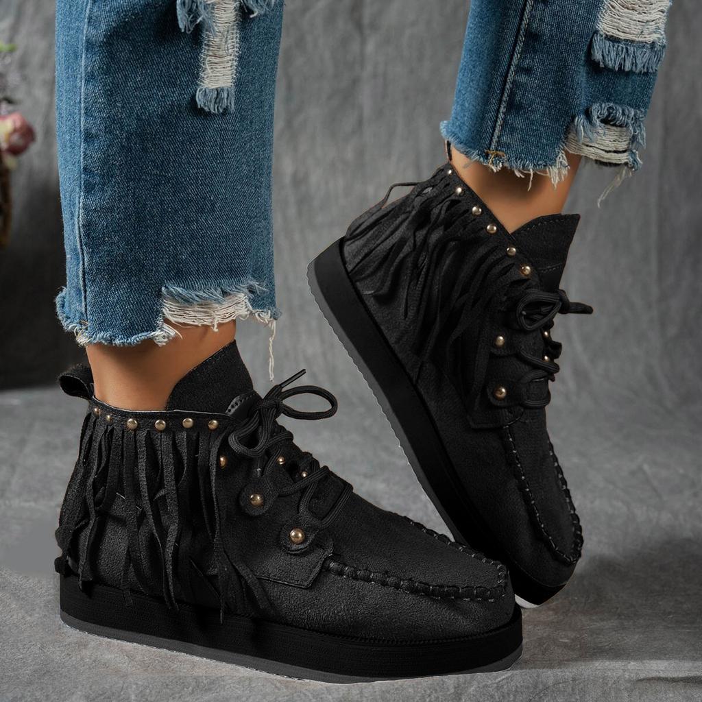 Platform Thick Soled Tassel Women's Short Boots Fashionable And Casual Retro Outdoor Lace up Boots for Women with Heel Suede