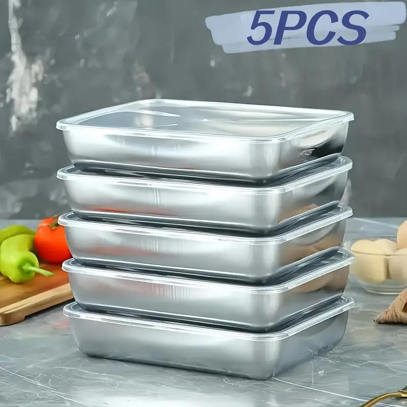 5pcs Stainless Steel Fresh-keeping Box Stackable Food Storage Containers Refrigerator Microwave Safe Sealed Kitchen Accessories 410 Stainless Steel