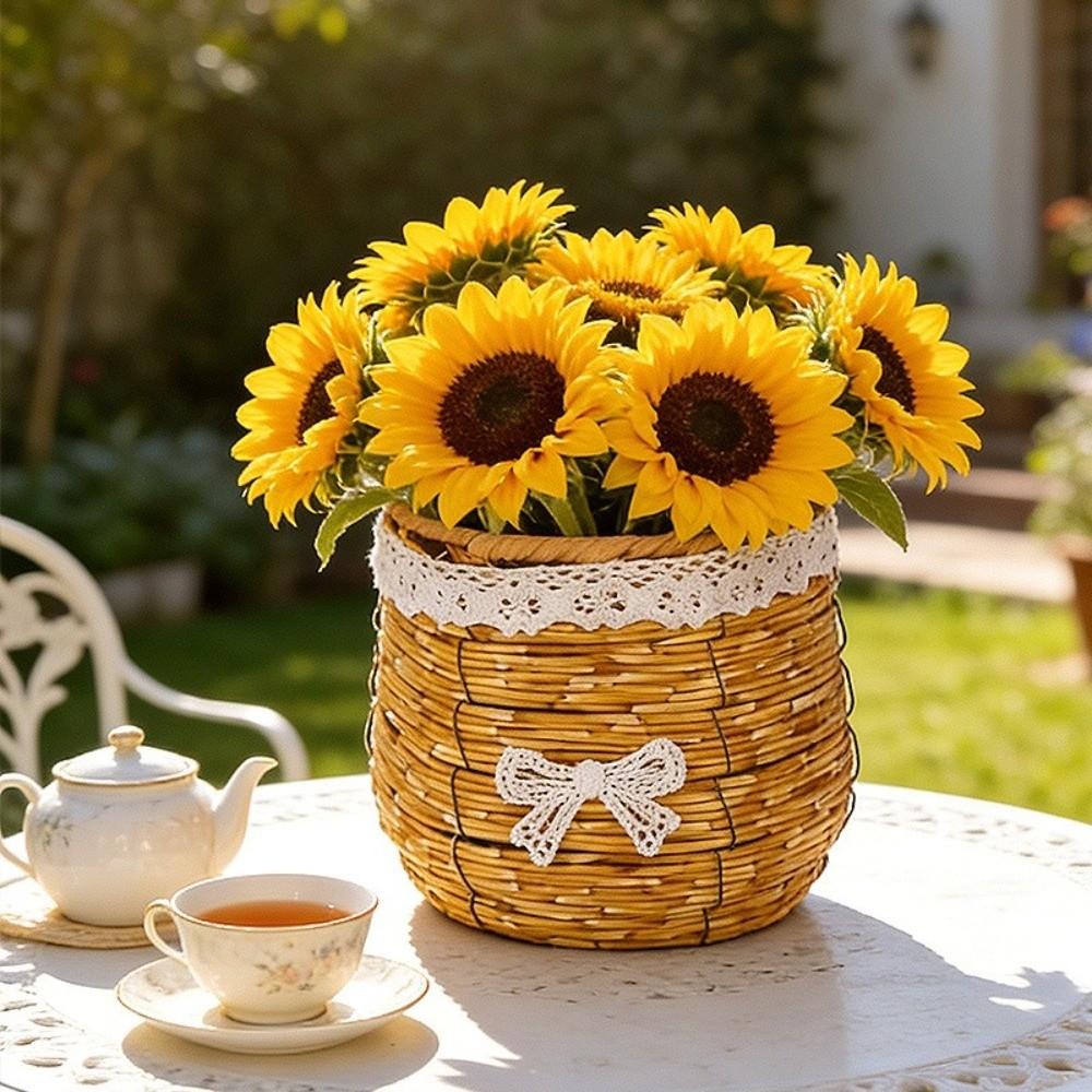 Home Decoration Rustic Woven Flower Basket Plastic Sturdy Flower Arrangement Basket Simple Flowerpot Flower Arrangement