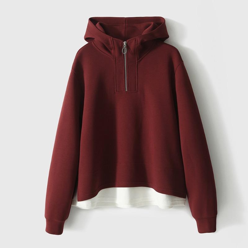 Air layer fake two-piece hooded sweater women's casual simple zipper pullover jacket top, season women's clothing