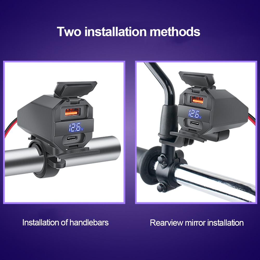 Motorcycle USB C Charger 100W Super Fast Emergency Two-Way Charging Moto Battery Charger & Voltmeter 2 Ways Installation