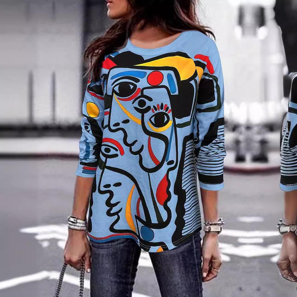Spring and Autumn Round Neck 3D Abstract Art Printed Top Fashionable Casual Long Sleeved Women's T-shirts
