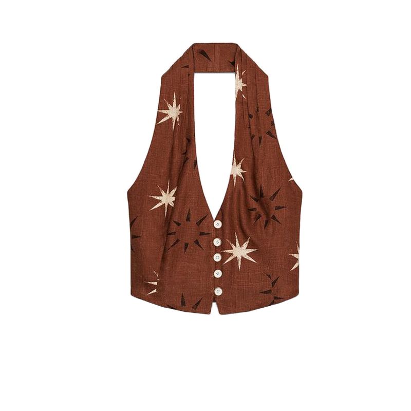 

Sun Print Hanging Collar Tops 8174514 Sun Print Linen Blend High Waist Pants 8179514 Earth color Tops L