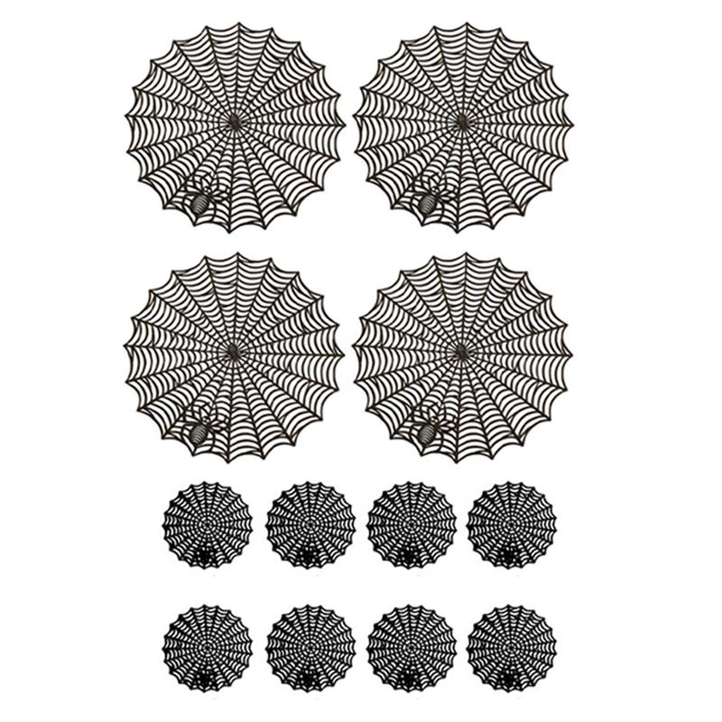 

ABWR-12Pcs 15Inch Halloween Spider Web Placemats 3.94Inch Cup Mat Halloween Placemats Spider Web Table Mats