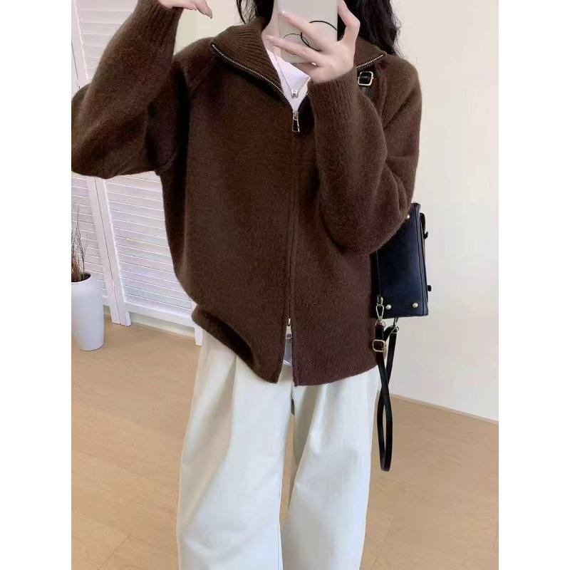 New Simple Temperament Stand-up Collar Double Zipper Knitted Cardigan Women's Shoulder-plugged Reverse Cover Long-sleeved Thick Coat