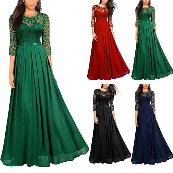 Bridesmaid Dress for Women Lace Patchwork Formal Gowns Crew Neck Chiffon Long Dress Wedding Guest Dress