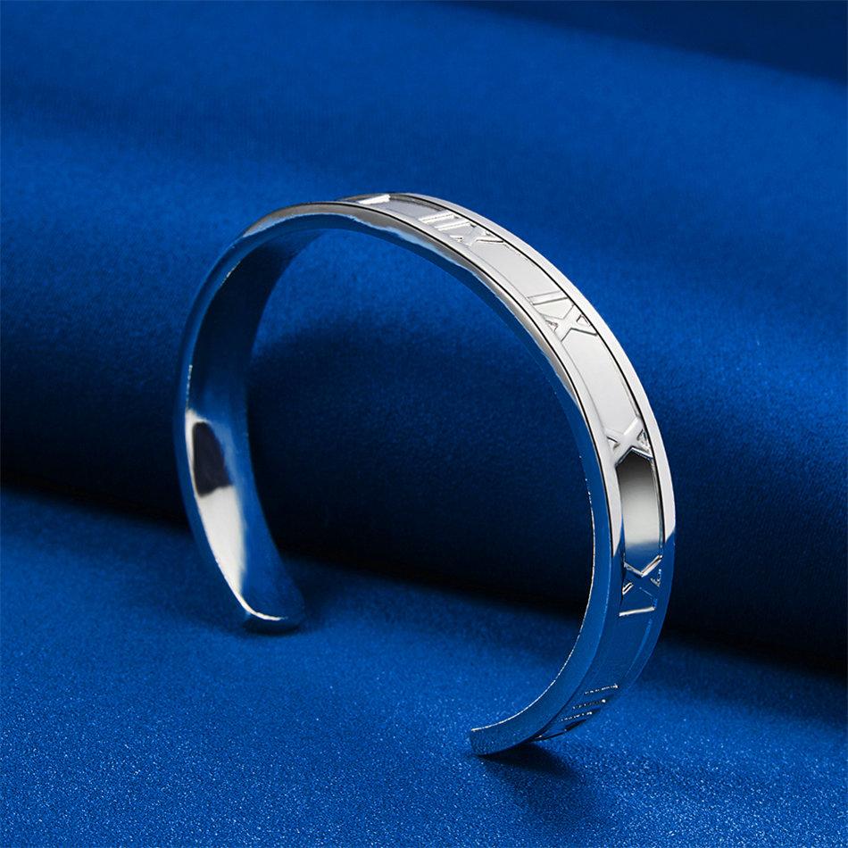 Charming 925 Sterling Silver Classic Roman Pattern Open Bangle for Women, Fashionable Wedding Party Jewelry