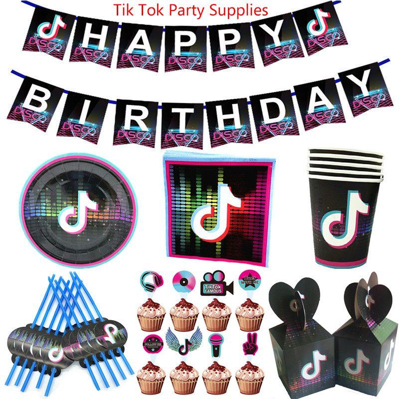 Colorful Tik Tok Birthday Party Supplies Set Featuring Fun Tableware Decor Plates Cups And Banner