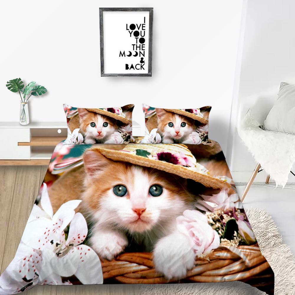 Cat Duvet Cover Set King Size Microfiber Cute Animal Print Girl Teen Kid Comforter Cover Lovely Kitty Series Pattern Bedding Set