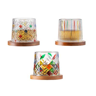 275ml Hand-Painted Spinning Whisky Glass with Gyro Base & Wood Rotating Coaster - Stress Relief Gift for Cocktail, Coffee, Tea,