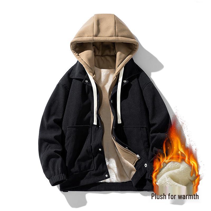 Japanese Trendy Corduroy Hooded Jacket with Fleece Lining: Autumn/Winter Hong Kong Style for Men