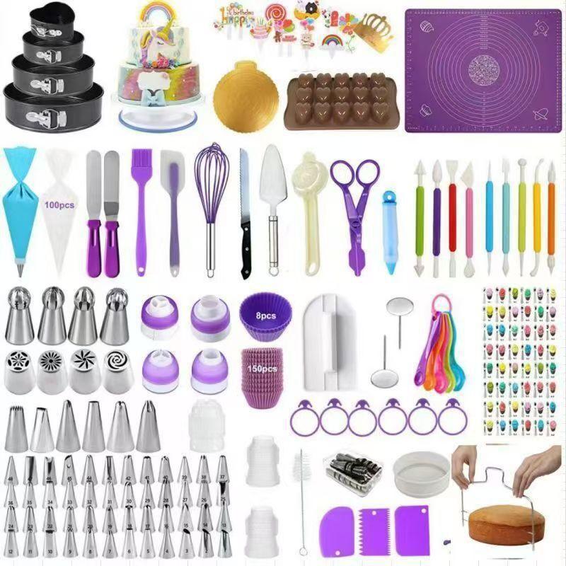 380-Piece Cake Decorating Kit With Rotating Turntable Stainless Steel Tips TPU Piping Bags Baking Pan Set